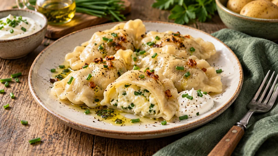 Pierogi ze szczypiorkiem, jasnym kremowym dodatkiem i olejem; przekrojony pieróg pokazuje jasne nadzienie.